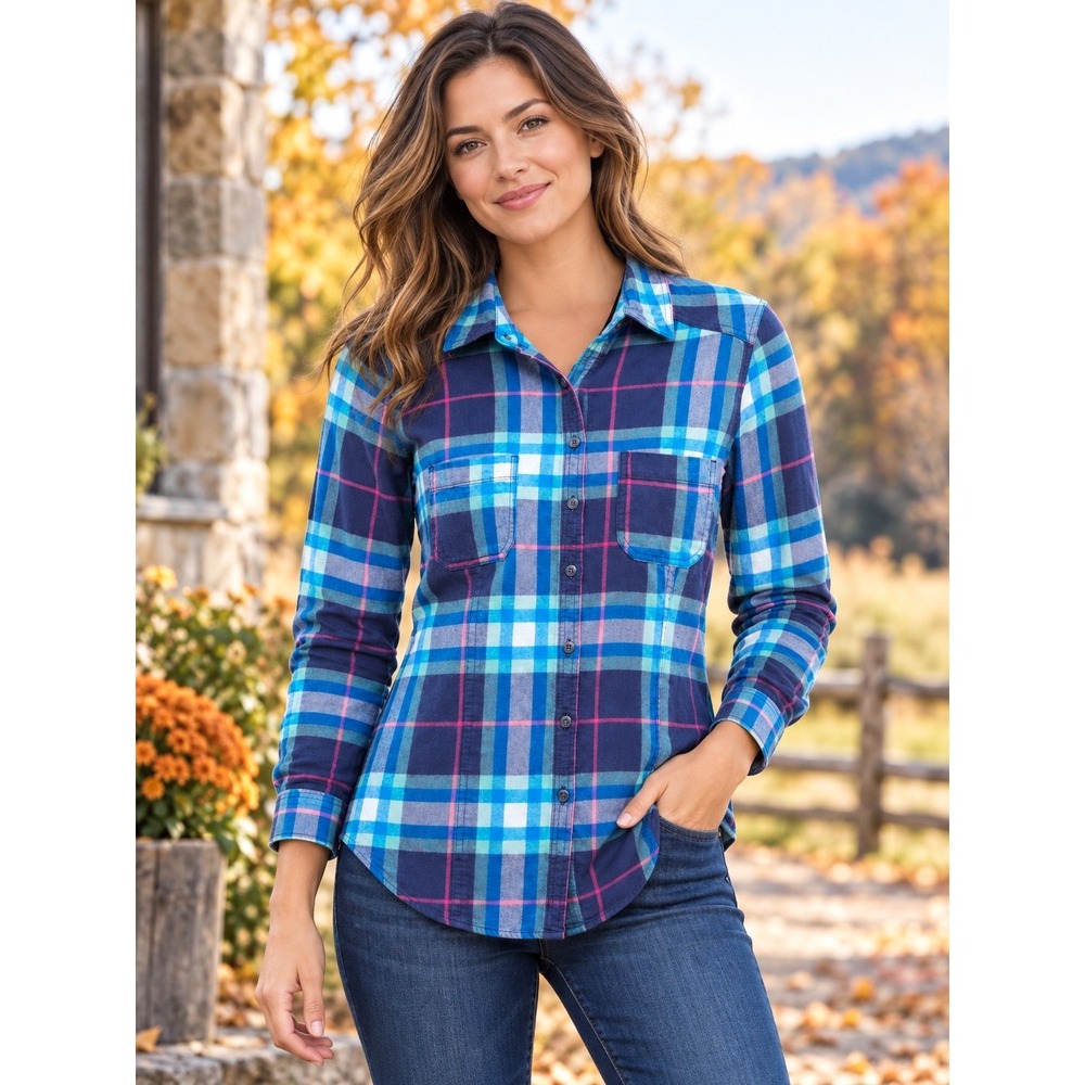 Garage Teal Plaid Flannel Snap Front Shirt Womens L Cotton Indie Casual Cabin